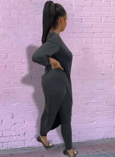 Black 3/4 Sleeve Irregular Long Shirt and Bodycon Leggings 2PCS Set