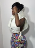 Beige Open Side Zip Up Sleeveless Hoody Short Puffer Jacket
