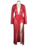 Red Sparkly Deep-V See Through Slit Flare Sleeves Maxi Dress