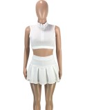 White Zip Up Midi Neck Sleeveless Crop Top and A-Line Skirt 2PCS Set