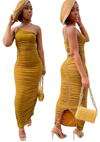 Yellow One Shoulder Sleeveless Cami Ruched Maxi Dress