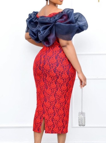 Red Flower Lace Off Shoulder Short Sleeve Bodycon Midi Dress