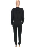 Black Cami Crop Top and Zip Hoody Top with Drawstring Pants 3PCS Set