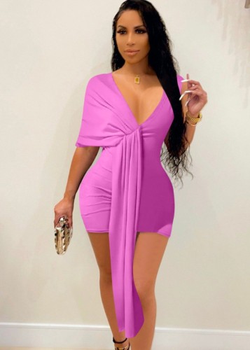 Purple Deep-V Single Sleeve Shirring Mini Dress