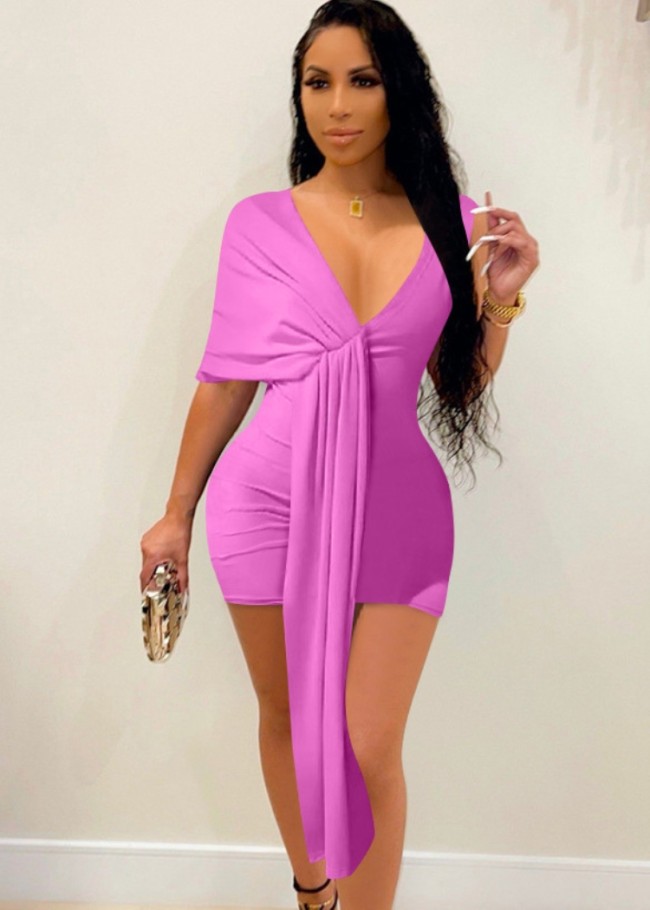 Purple Deep-V Single Sleeve Shirring Mini Dress