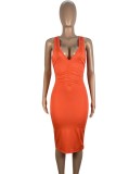 Orange Deep-V Sleeveless Slim Fit Midi Dress