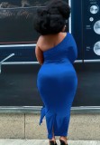 Plus Size Blue One Shoulder Single Sleeve Slit Maxi Dress