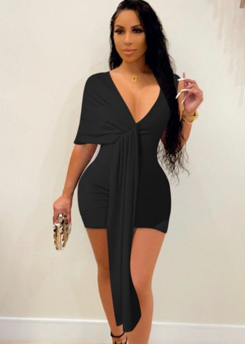 Black Deep-V Single Sleeve Shirring Mini Dress