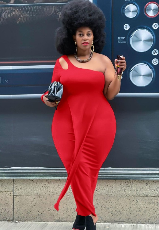 Plus Size Red One Shoulder Single Sleeve Slit Maxi Dress