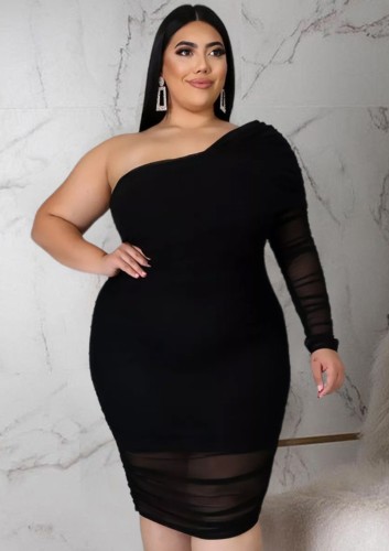 Plus Size Black Mesh See Through One Shoulder Single Sleeve Midi Dress