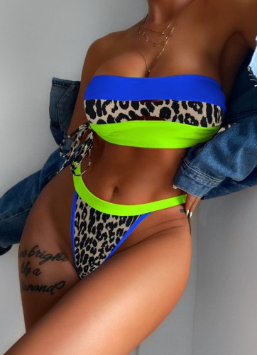 Leopard Print and Candy Color Bikini Two Piece Set