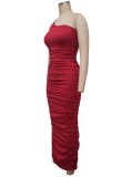 Red One Shoulder Sleeveless Cami Ruched Maxi Dress