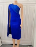 Blue Silk Oblique Shoulder Cape Sleeve Bodycon Midi Dress
