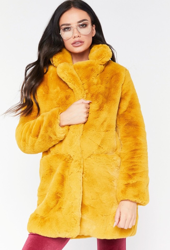 Yellow Fleece Turndown Collar Long Sleeve Overcoat with Pocket