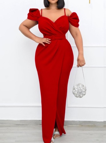 Red Cami Sweetheart Collar Short Sleeve Maxi Dress