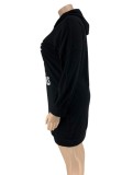 Plus Size Letter Print Black Long Sleeve Hoody Mini Sweatshirt Dress