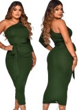 Green One Shoulder Single Sleeve Scrunch Long Dress with Belt