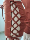 Burgunry Long Sleeve Drawstring Hoody Crop Top and Lace Up Shorts 2PCS Set