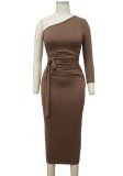 Brown One Shoulder Single Sleeve Scrunch Long Dress with Belt