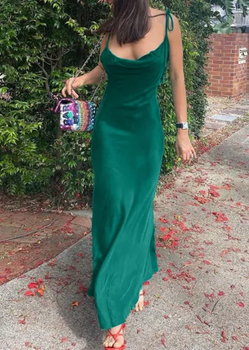 Green Cami Dripped Collar Backless Maxi Dress