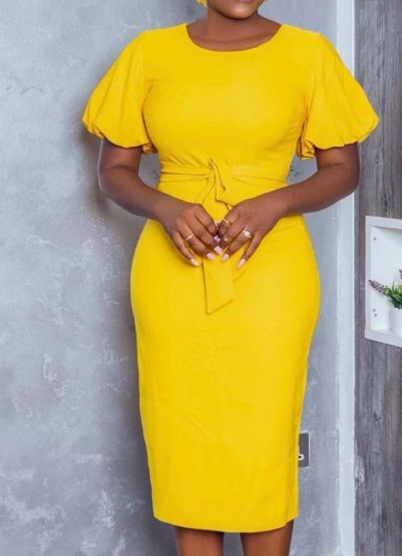 Yellow O-Neck Puffed Short Sleeve Slim Fit Midi Dress with Belt