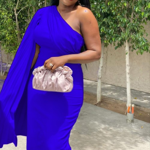 Blue Silk Oblique Shoulder Cape Sleeve Bodycon Midi Dress