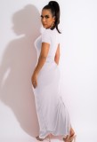 White O-Neck Short Sleeves Ruched Slit Maxi Dress
