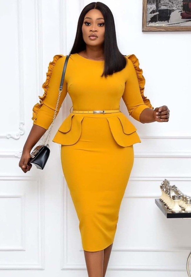 Yellow O-Neck 3/4 Sleeve Ruffles Bodycon Office Dress with Belt
