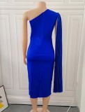 Blue Silk Oblique Shoulder Cape Sleeve Bodycon Midi Dress
