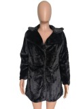 Black Fleece Turndown Collar Long Sleeve Overcoat with Pocket