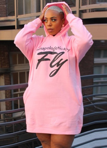 Plus Size Letter Print Pink Long Sleeve Hoody Mini Sweatshirt Dress