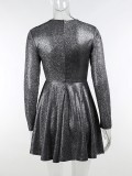 Shiny Black O-Neck Long Sleeve Tight Waist Mini Shirring Dress