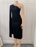 Black Silk Oblique Shoulder Cape Sleeve Bodycon Midi Dress
