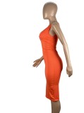 Orange Deep-V Sleeveless Slim Fit Midi Dress