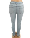 Plus Size Lt-Grey High Waist Ripped Fringe Tight Jeans with Pocket