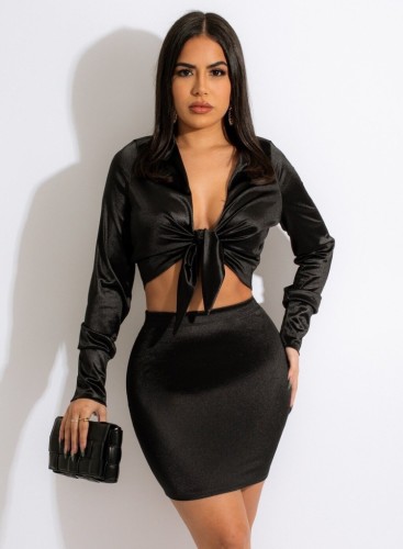 Black Silk Turndown Collar Knotted Long Sleeve Crop Top and Mini Skirt 2PCS Set
