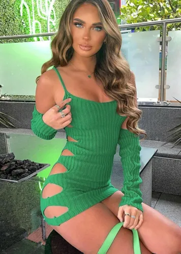 Green Kintted Cami Long Sleeve Hollow Out Mini Dress