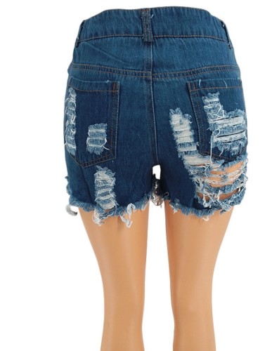 Dk-Blue High Waist Distressed Denim Shorts with Pocket