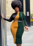 Plus Size Contrast Color O-Neck Long Sleeves Slim Fit Midi Dress