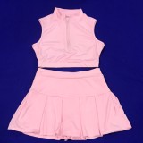 Pink Zip Up Midi Neck Sleeveless Crop Top and A-Line Skirt 2PCS Set