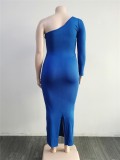 Plus Size Blue One Shoulder Single Sleeve Slit Maxi Dress