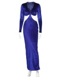 Blue Velvet Deep-V Cut Out Long Sleeve Slit Maxi Dress