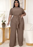 Plus Size Khaki High Neck Short Sleeve Long Top And Wide Pant 2PCS Set