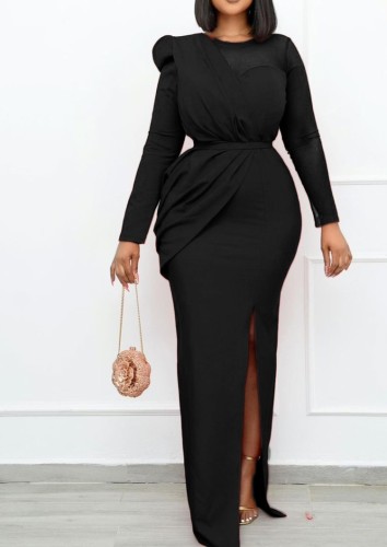 Black Mesh Patch Long Sleeves O-Neck Slit Maxi Dress
