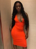 Orange Deep-V Sleeveless Slim Fit Midi Dress