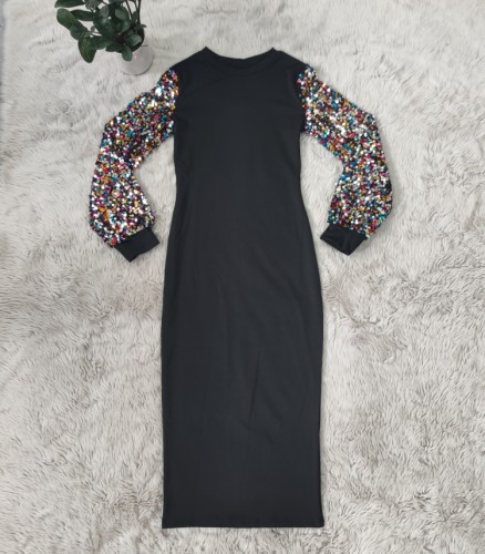 Polychrome Sequins Black Long Sleeve 0-Neck Tight Midi Dress
