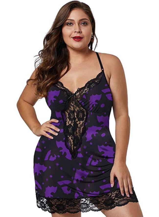 Plus Size Purple Print Black Lace Cami Mini Nightdress