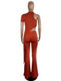 Orange O-Neck Single Short Sleeve Irregular Long Top And Pant 2PCS Sets