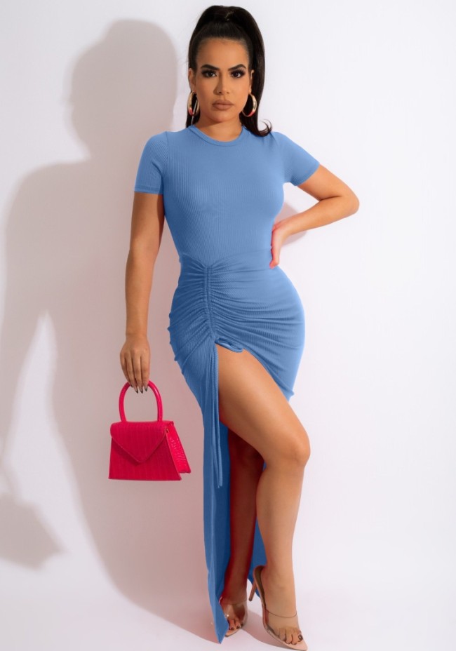 Blue O-Neck Short Sleeves Ruched Slit Maxi Dress