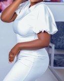 White O-Neck Puffed Short Sleeve Slim Fit Midi Dress with Belt